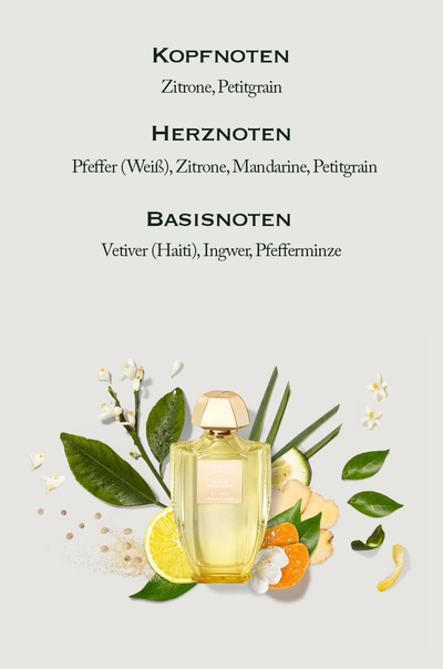 The image shows fragrance notes listed above a bottle of Creed Acqua Originale Citrus Bigarade perfume surrounded by citrus fruits, ginger, and pepper with the text Kopfnoten Zitrone, Petitgrain Herznoten Pfeffer (Weiß), Zitrone, Mandarine, Petitgrain Basisnoten Vetiver (Haiti), Ingwer, Pfefferminze CREED ACQUA ORIGINALE CITRUS BIGARADE.