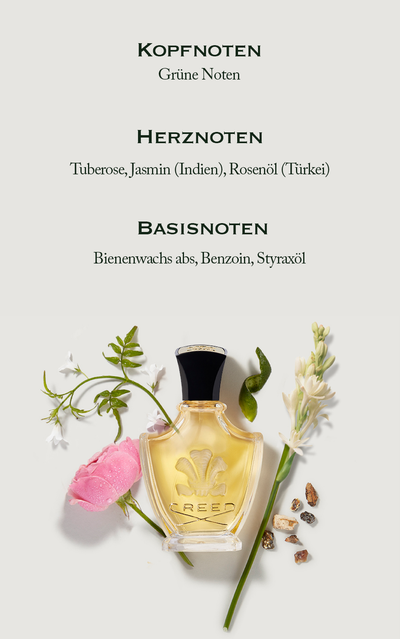 A Creed perfume bottle surrounded by flowers and resins, with text listing fragrance notes KOPFNOTEN Grüne Noten HERZNOTEN Tuberose, Jasmin (Indien), Rosenöl (Türkei) BASISNOTEN Bienenwachs abs, Benzoïn, Styraxöl CREED.