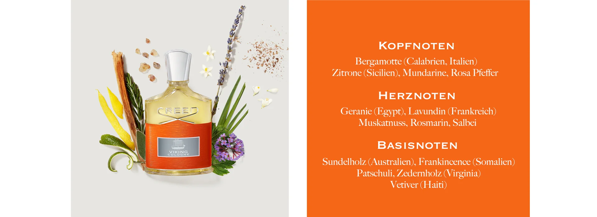 Kopfnoten: Bergamotte (Calabrien, Italien), Zitrone (Sicilien), Mundarine, Rosa Pfeffer. Herznoten: Geranie (Egypt), Lavundin (Frankreich), Muskatnuss, Rosmarin, Salbei. Basisnoten: Sundelholz (Australien), Frankincence (Somalien), Patschili, Zedernholz (Virginia), Vetiver (Haiti).