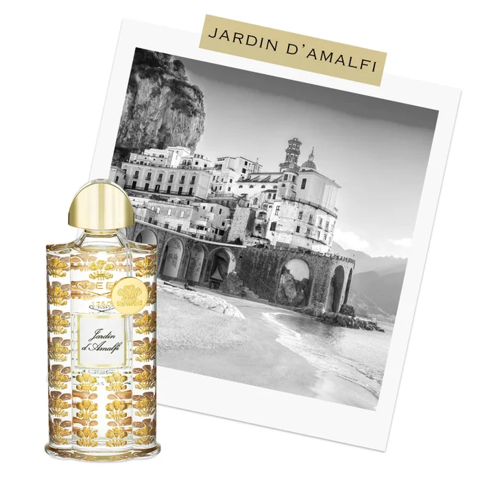 Jardin D'Amalfi bottle infront of black & white postcard of Amalfi Coast